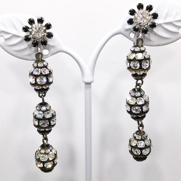 Vintage Dangle Long Black Floral Earrings, Clear Rhinestones, 1980s, 2 1/2" - Picture 5 of 10
